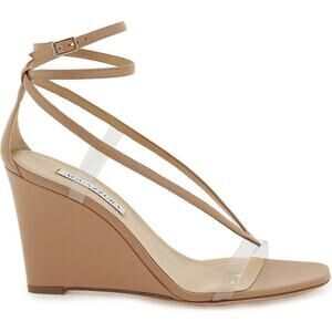 Aquazzura Illusion Plexi Leather Strappy Wedge Sandals Beige Women's Size EU 37